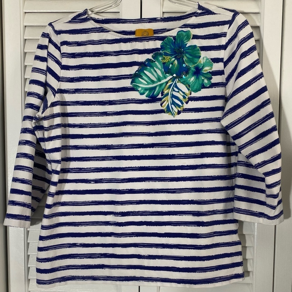 Ruby Rd Blouse Size Medium White with Stripes and Embellishments